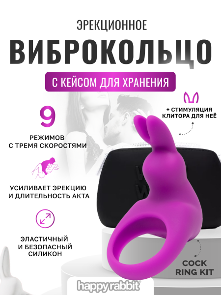 82545 - Эрекционное кольцо Happy Rabbit с вибрацией, фиолетовое, кейс в комплекте | Казанова 69